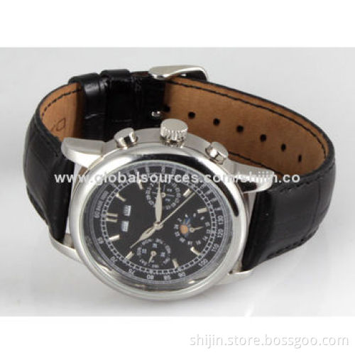 Stainless Steel Vogue Watch with Genuine Leather Band, for Men, Date, Chronograph